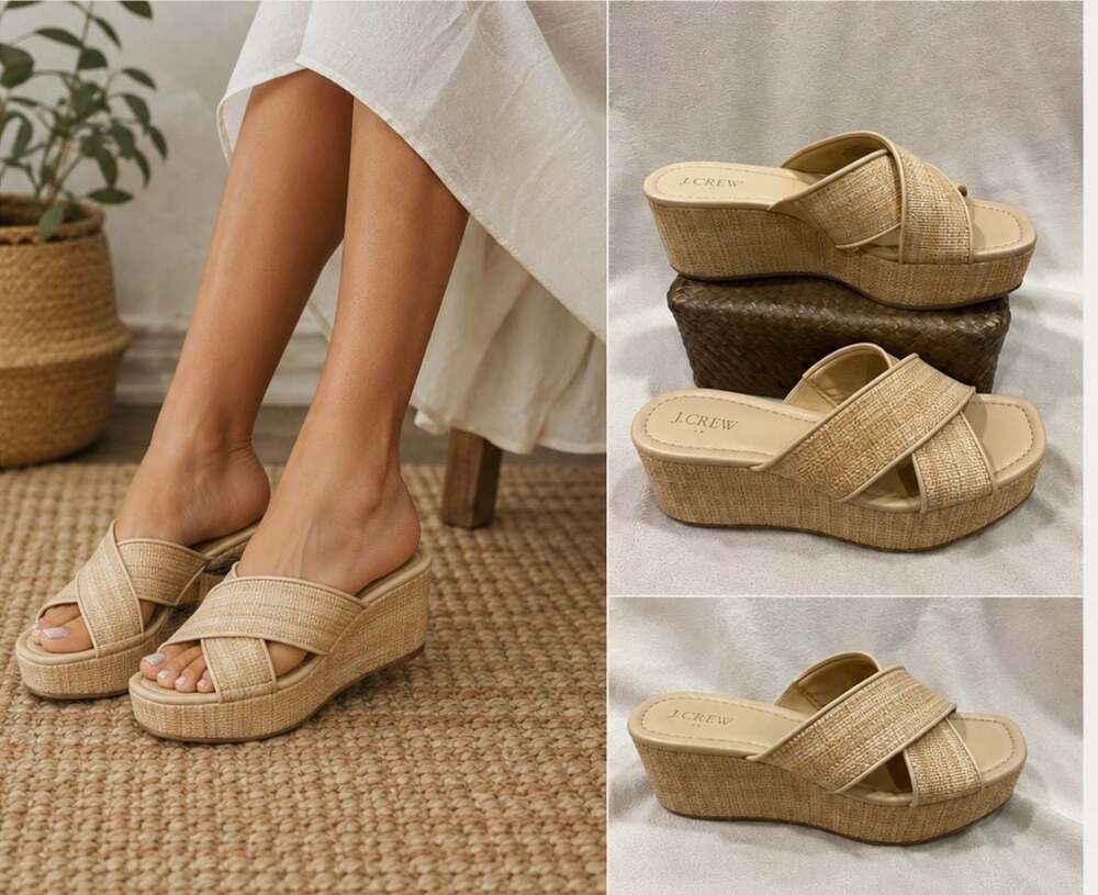 J.Crew Factory Raffia Crisscross Platform Wedge Sandals Size 8 Natural Beige